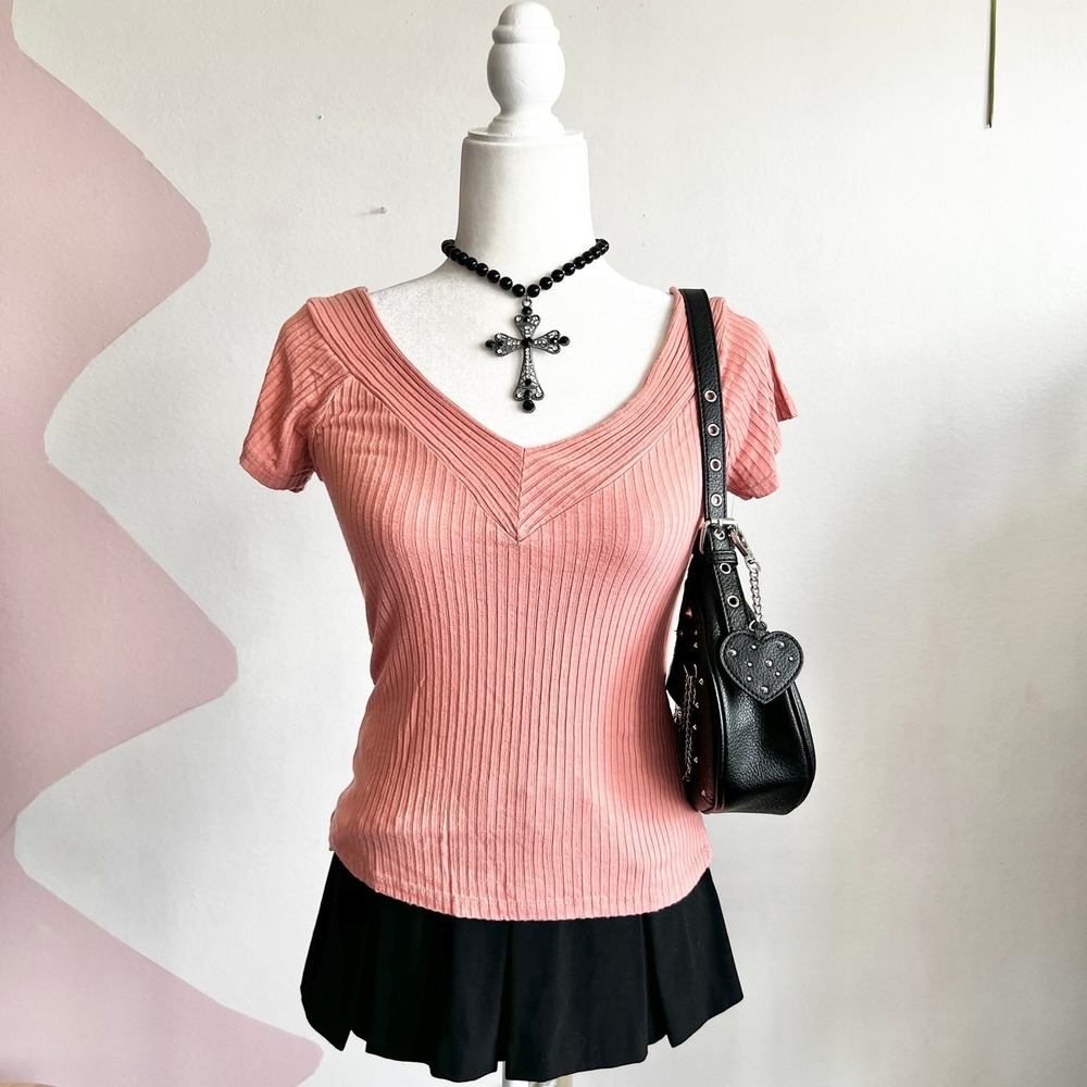 Pink Ribbed V-Neck Top,‎ Coquette, Y2K, Soft Girl, Balletcore, Small, Clean Girl